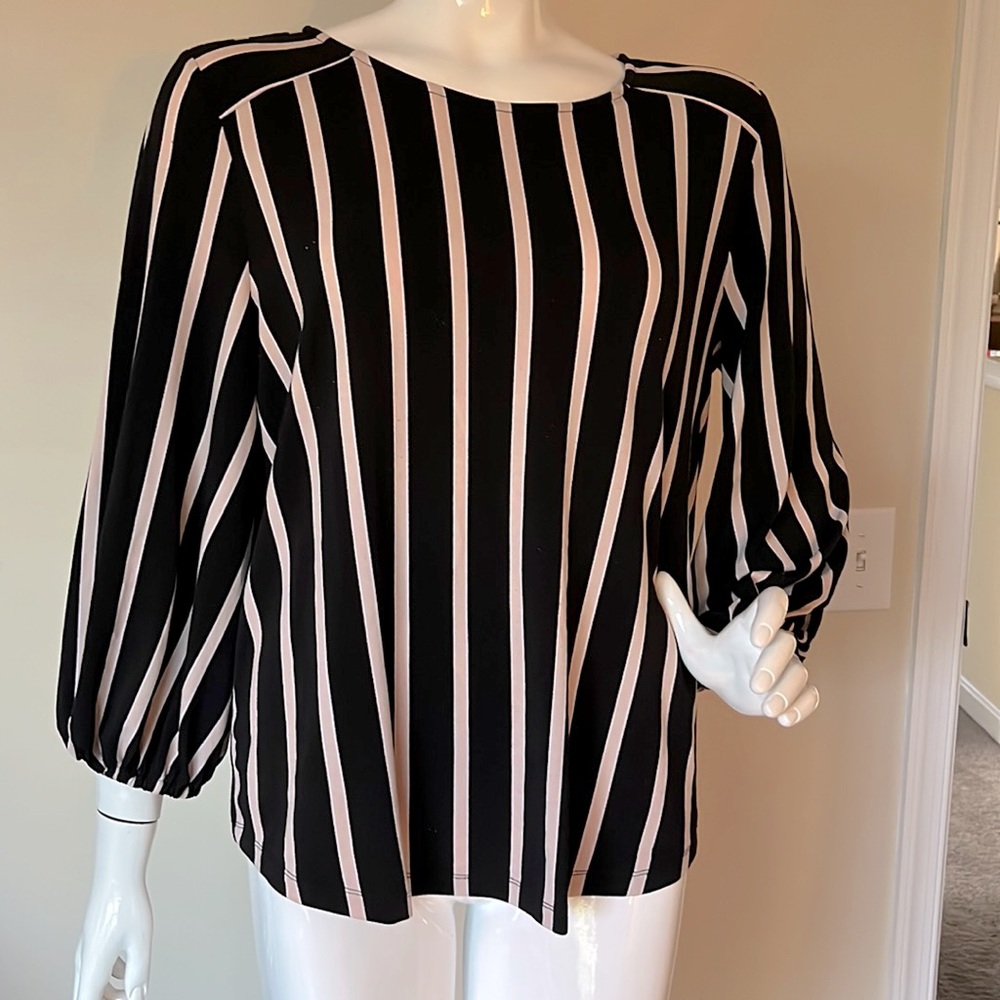 Black and Tan blouse with balloon sleeves by Adrianna Papell